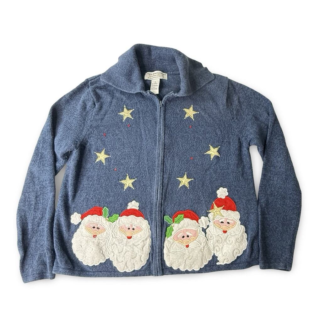 Tiara Intl‎ Ramie Blend Christmas Blue Santa Cardigan Sz XL Ugly Sweater Womens